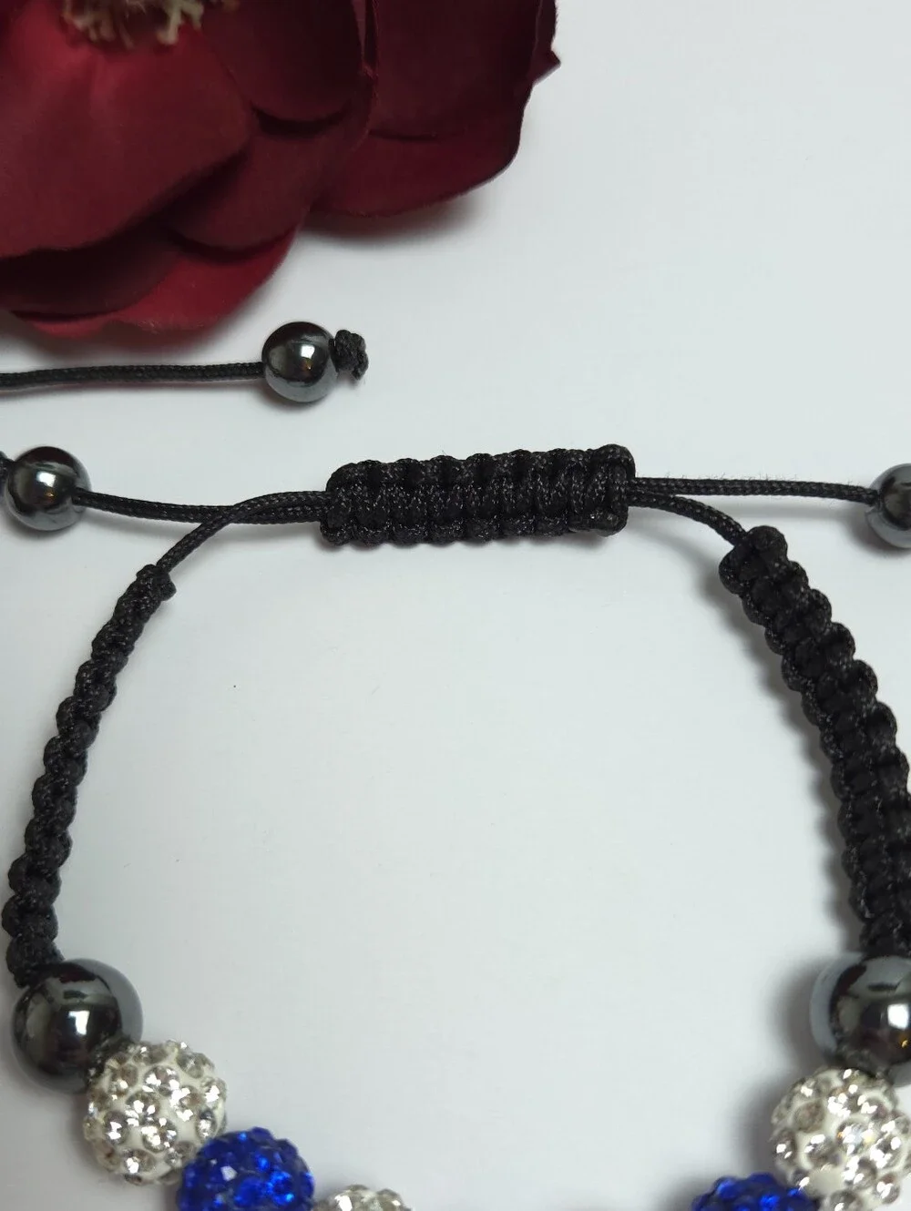 2 Handmade Shamballa Crystal Beaded Macrame Bracelets Light & Dark Blue